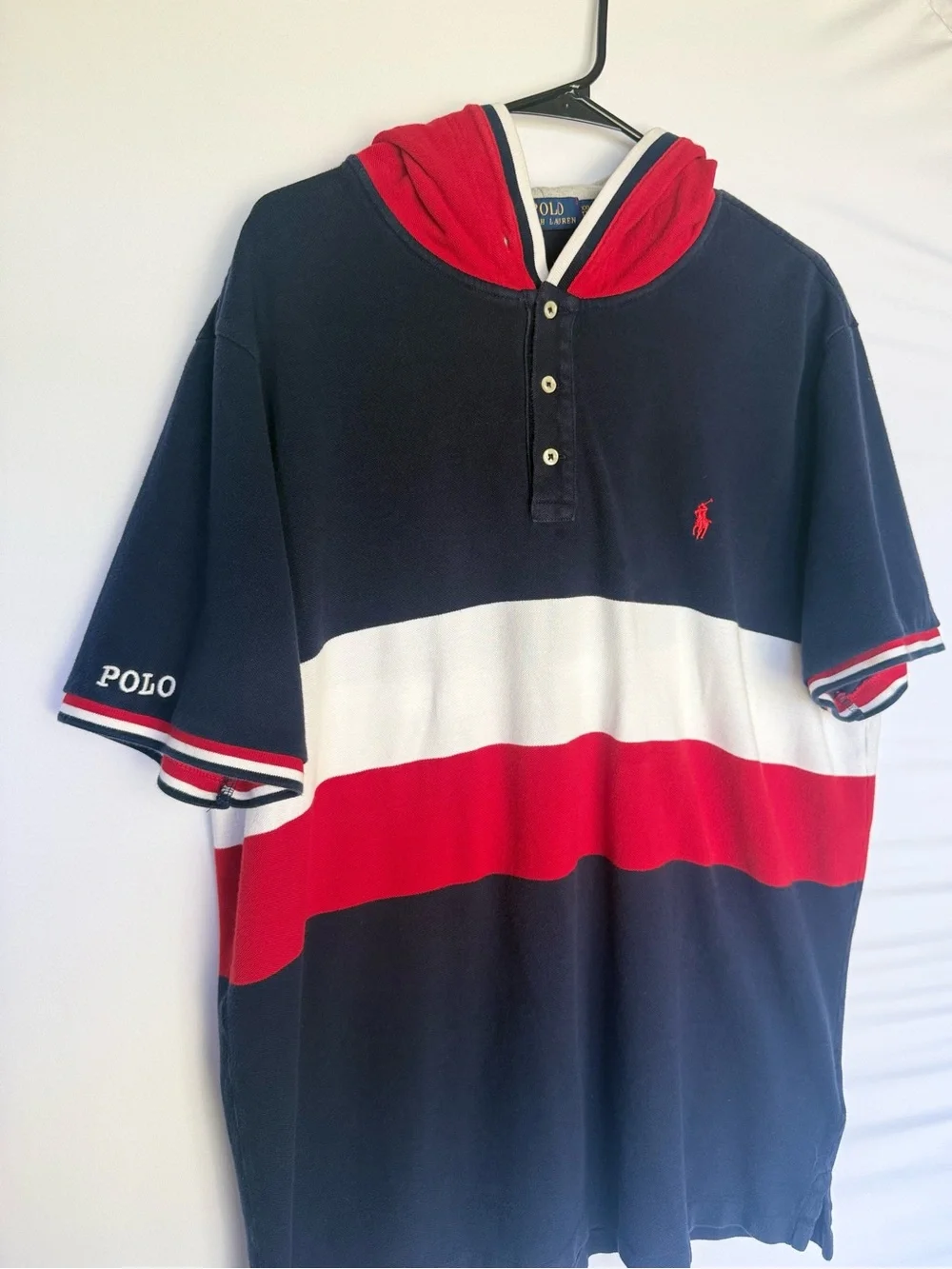 Polo Ralph Lauren Navy, White & Red Colorblock  Hooded Cotton Shirt XXL